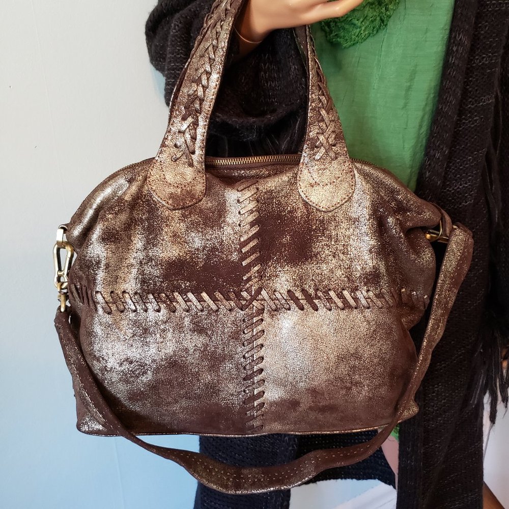NWT SILVERADO SATCHEL, Vintage Metallic Leather with bold whipstitch detailing. - Picture 3 of 17